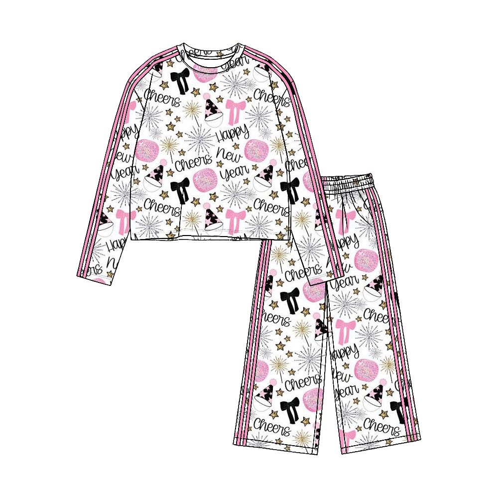( Moq 5 ) Preorder Baby Girls Kids Long Sleeves Shirt Pants Happy New Year Set Bows Yoga Active Clothes