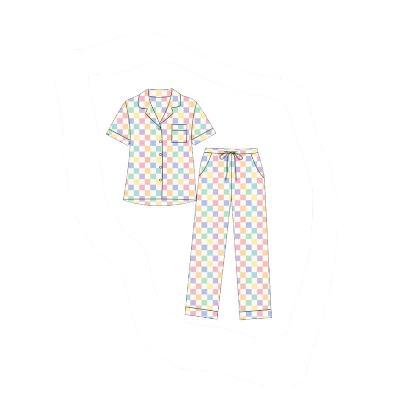 ( Moq 5 ) Preorder Baby Girls Kids Short Sleeves Colorful Checked Buttons Shirt Pants Set Pajamas Clothes