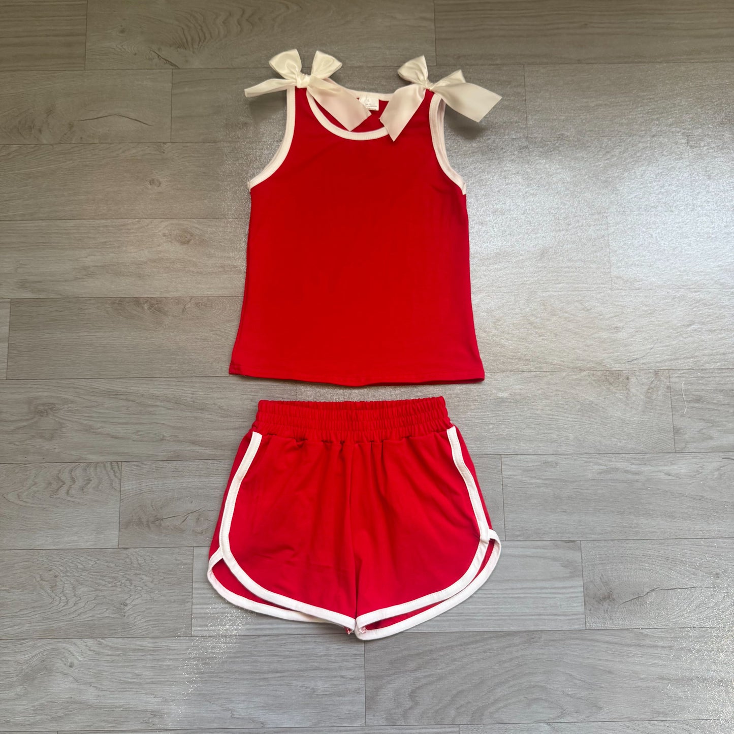 ( No moq ) Preorder Baby Girls Kids White Bows Shirt Shorts Red Set Summer Clothes
