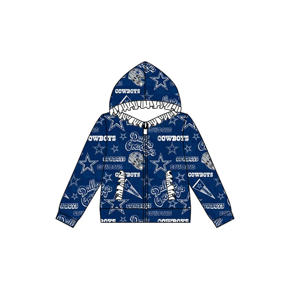 Baby Girl Long Sleeves Cowboys Team Blue Ruffle Hooded Zipper Pocket Coat Shirt Tops Moq 5