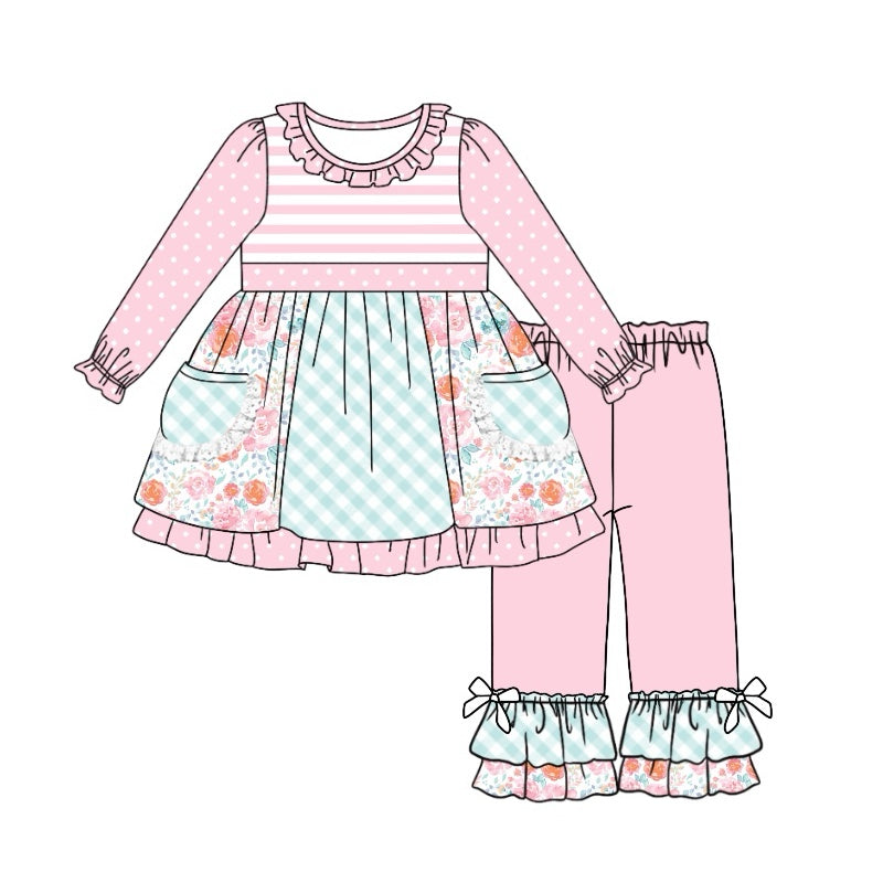 Baby Girl Long Sleeves Flower Pocket Tunic Ruffle Pink Pants Clothes Set