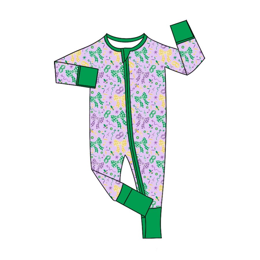 ( Moq 5 ) Preorder Baby Girls Infant Masks Bows Footie Sleeper Zipper Romper Mardi Gras Clothes