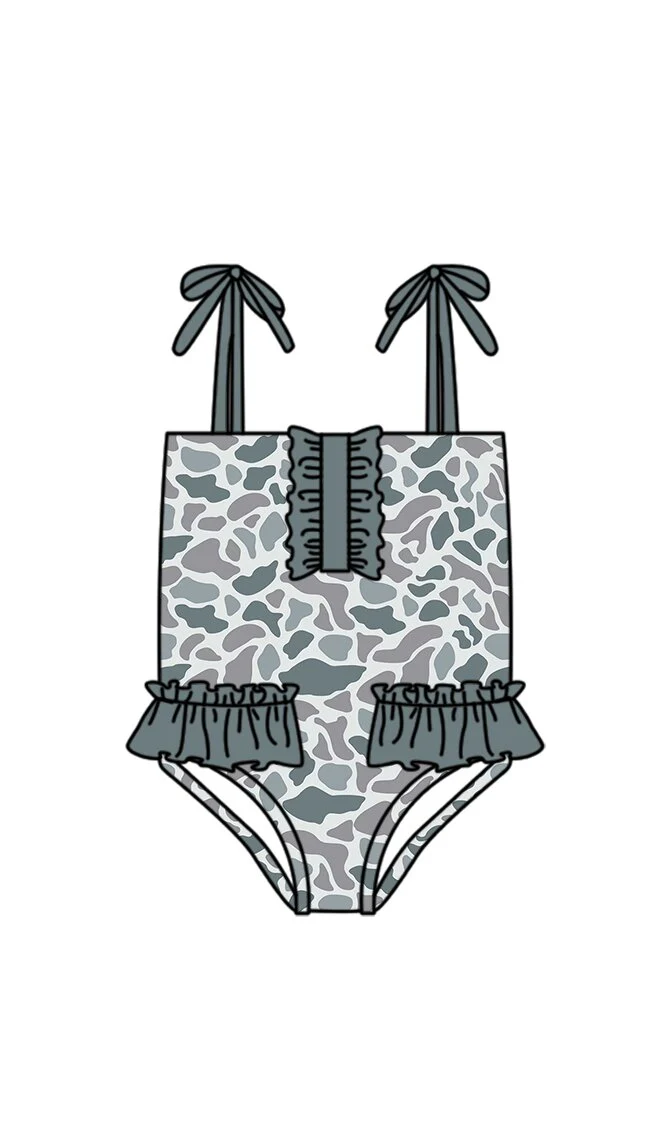 ( Moq 5 ) Preorder Baby Girls Kids Sleeveless Grey Camo Ruffle Summer One-piece Swimsuit