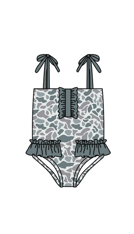 ( Moq 5 ) Preorder Baby Girls Kids Sleeveless Grey Camo Ruffle Summer One-piece Swimsuit