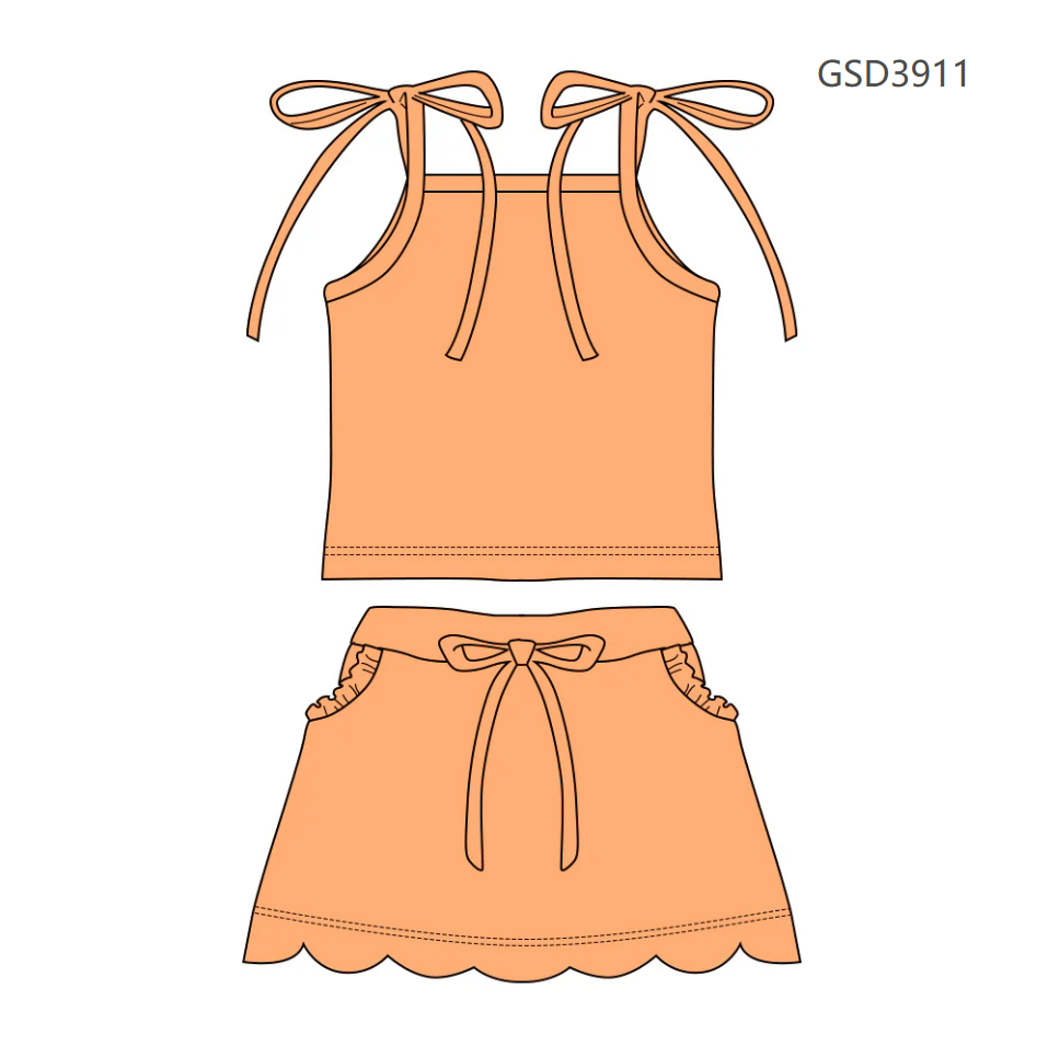 ( Moq 5 ) Preorder Baby Girls Straps Orange Tops Pockets Scallop Skirt Shorts Set Clothes