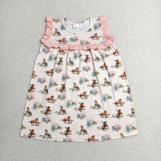 Baby Girl Kids Western Horse Flower Knee Length Dress RTS