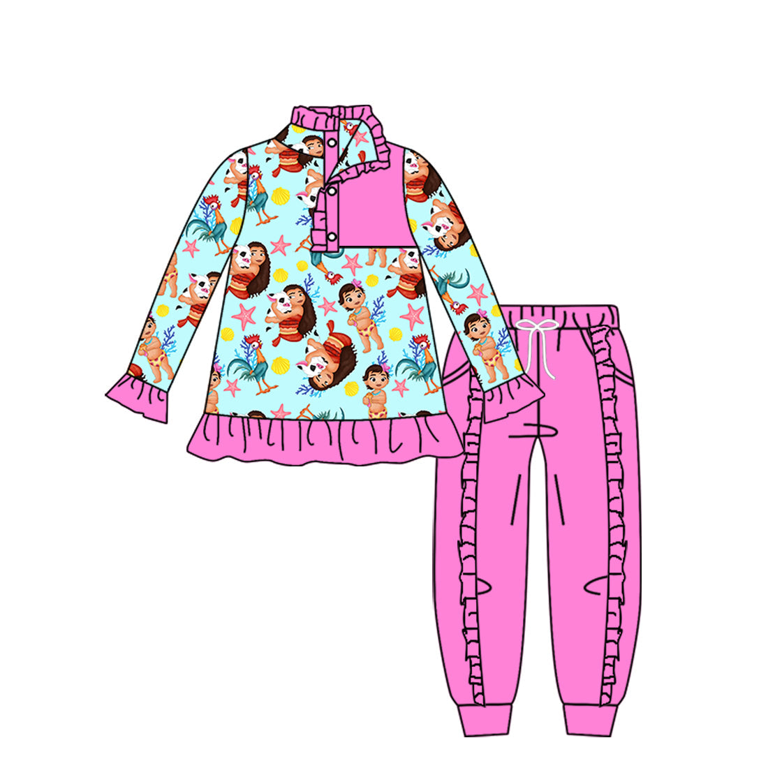 Baby Girl Long Sleeves Cartoon Princess Pullover Shirt Purple Pants Clothes Set Moq 5