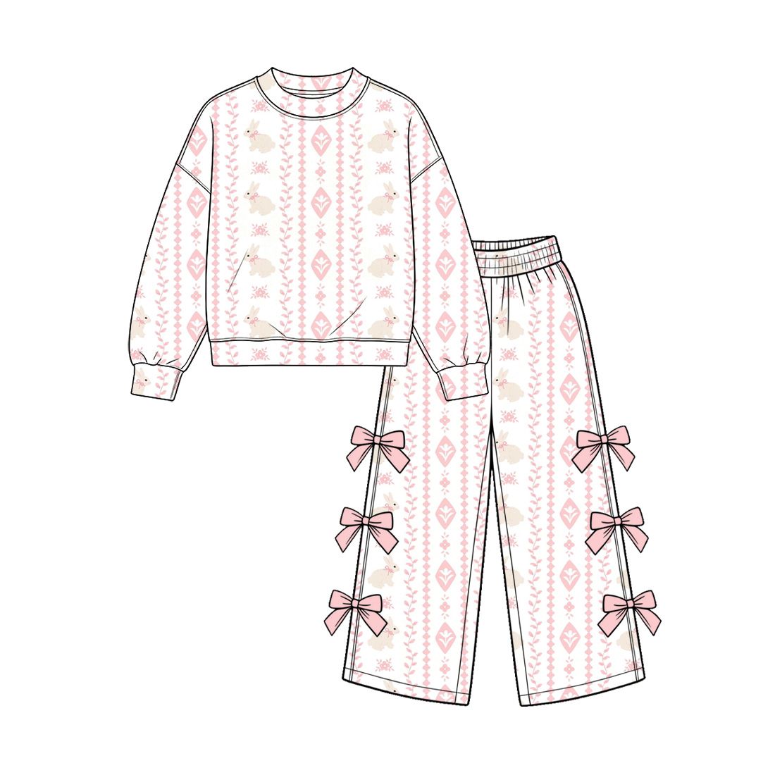 ( Moq 5 ) Preorder Baby Girls Kids Long Sleeves Rabbits Flower Shirt Bows Pants Set Easter Clothes