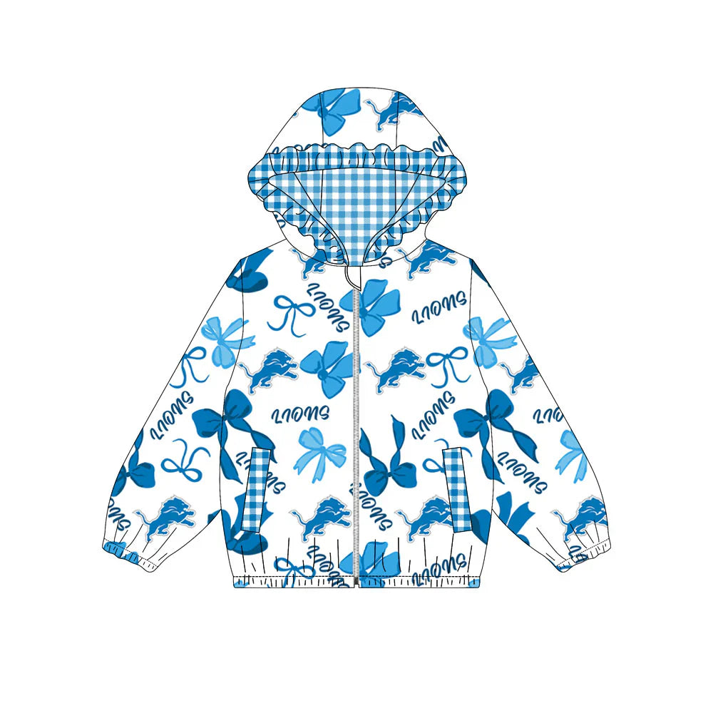( Moq 5 ) Baby Girls Kids Bows Cheer Pockets Blue Plaid Hoodie Zipper Team Jacket Tops