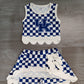 ( No moq ) Preorder Baby Girls Kids Blue Checked Shirt Scallop Bows Skirt Shorts Team Set Yoga Active Clothes