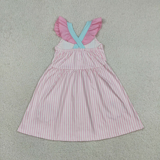 Baby Girls Kids Short Sleeves Embroidery Shell Bows Stripes Ruffle Dress RTS