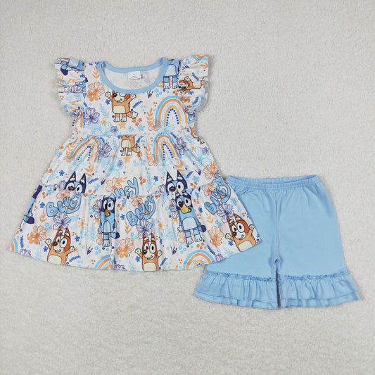 Baby Girl Short Sleeves Dogs Rainbow Floral Tunic Blue Ruffle Cotton Shorts Summer Set