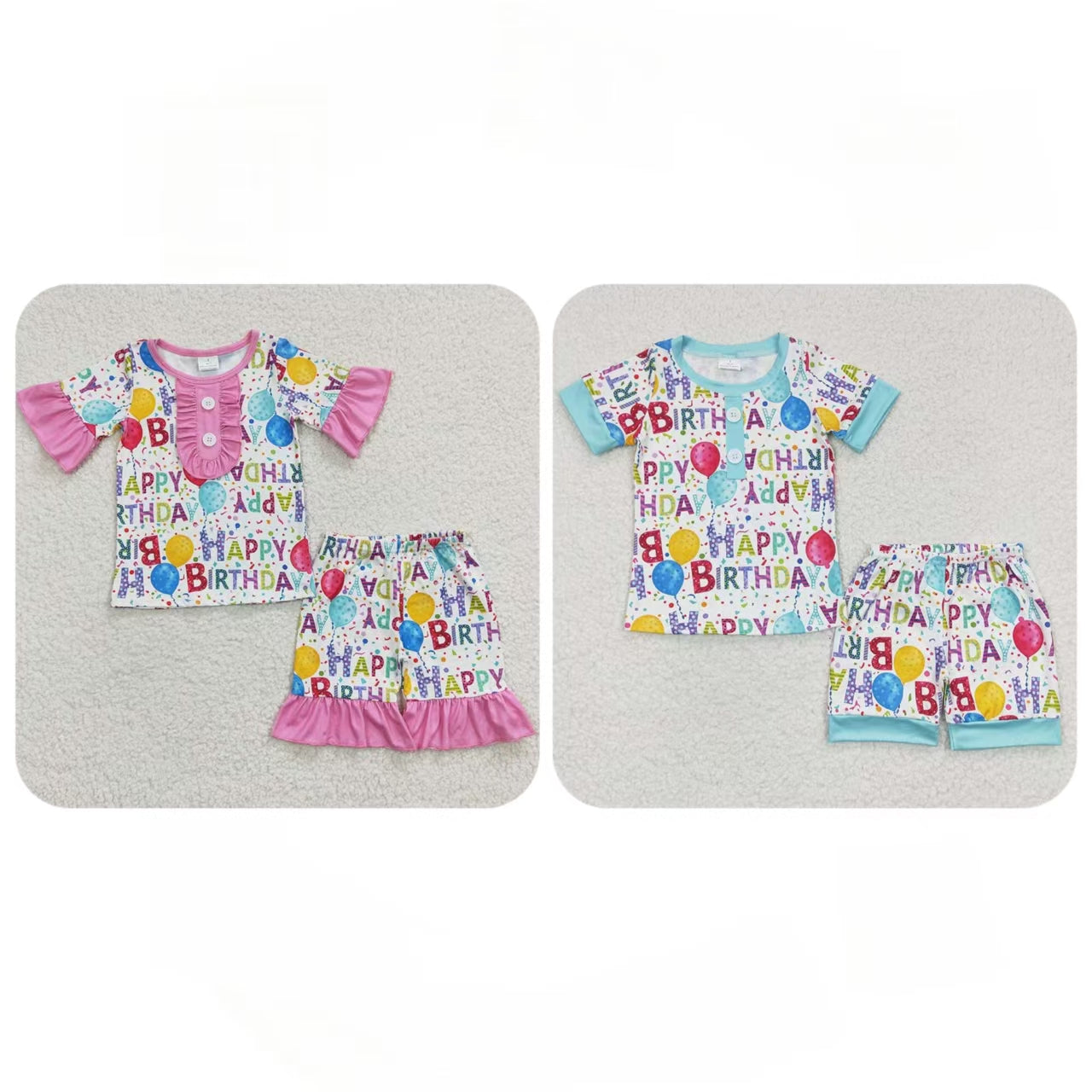 Baby Boy Girl Short Sleeves Birthday Shirt Shorts Sibling Pajamas Set RTS
