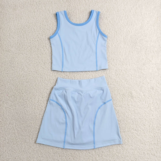 Baby Girl Sleeveless Blue Vest Tops Shorts Skirt Skort Yoga Active Set RTS