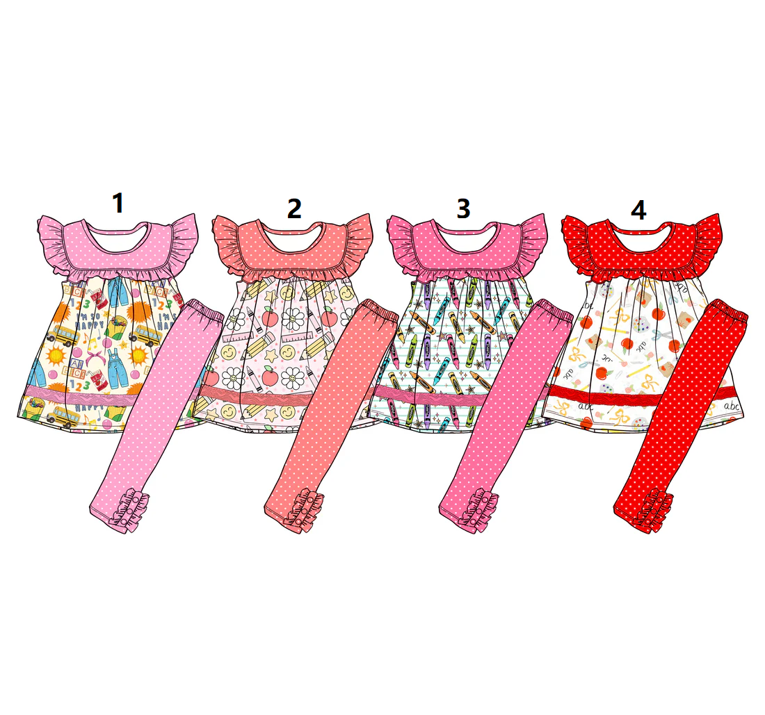 ( Moq 5 Each Style ) Sibling Baby Girls Toddler Short Sleeves Pencil Apple Tunic Pants Back to School Sets