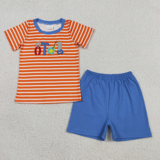 Baby Boys Short Sleeves Embroidery Tools Orange Stripes Shirt Blue Shorts Clothes Set RTS