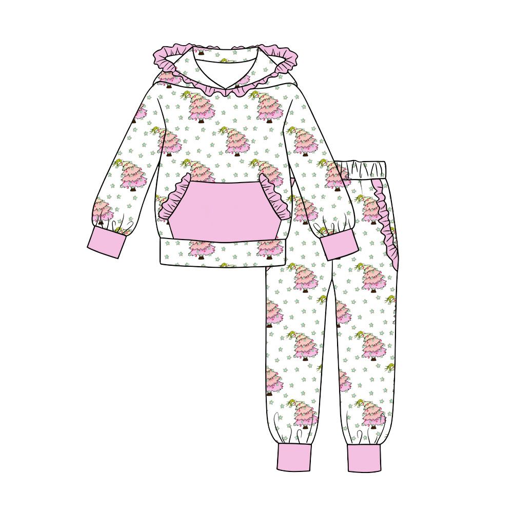 ( Moq 5 ) Preorder Baby Girls Kids Christmas Tree Hoodie Pullover Ruffle Pockets Pants Set Clothes