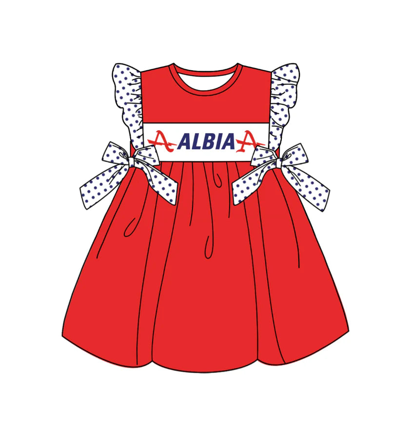Baby Girl Short Sleeves Team Bows Knee Length Red Dress ( Moq 5 )
