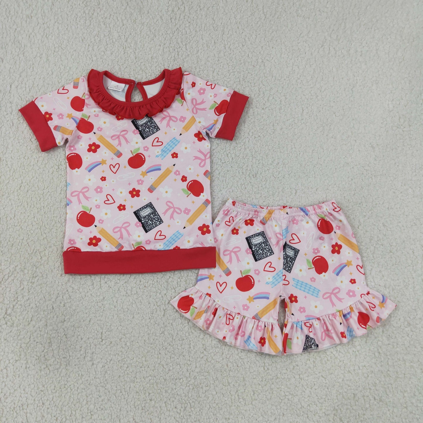 Baby Girls Kids Short Sleeves Pencil Bows Flower Shirt Ruffle Shorts Back to School Set RTS
