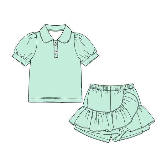 ( Moq 5 )  Preorder Baby Girls Kids Short Sleeves Shirt Ruffle Skirt Shorts Green Set Clothes