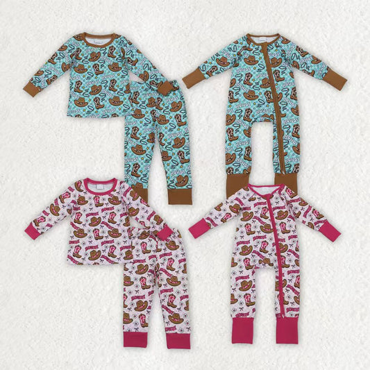 Sibling Baby Boys Girls Hats Bows Western Pants Pajamas Sets Zipper Rompers
