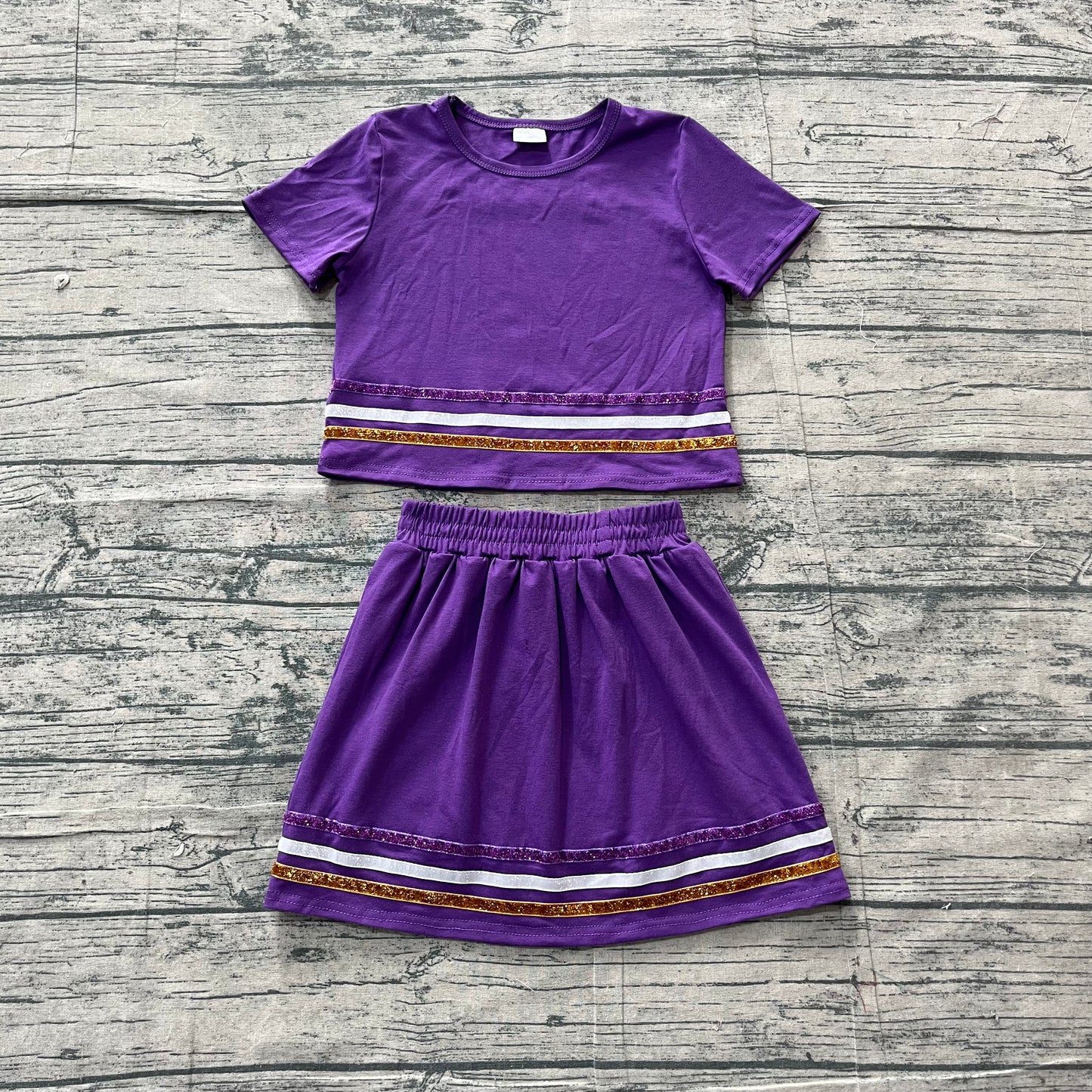 ( No moq ) Preorder Baby Girls Kids Purple Short Sleeves Stripes Shirt Scallop Skirt Shorts Set Cotton Clothes