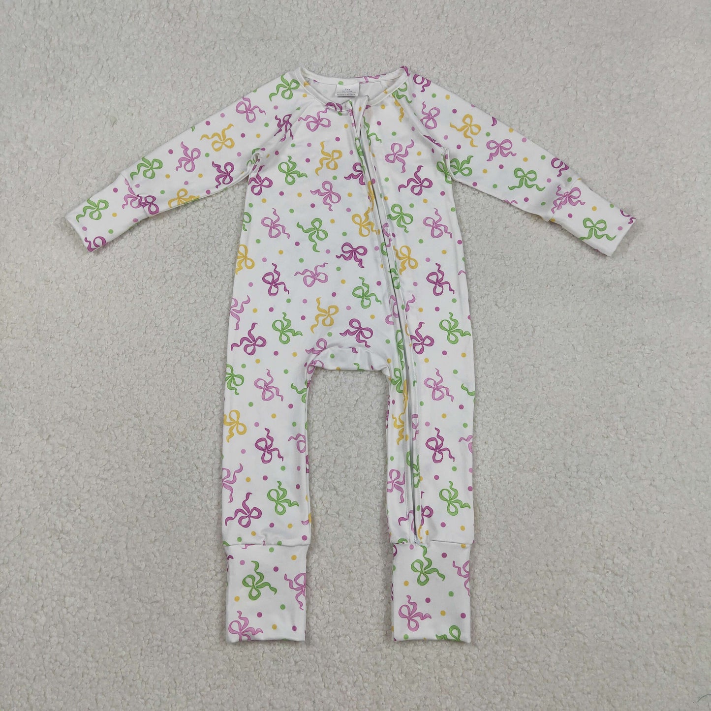 Baby Girls Infant Long Sleeves Dots Bows Mardi Gras Zipper Sleeper Romper RTS