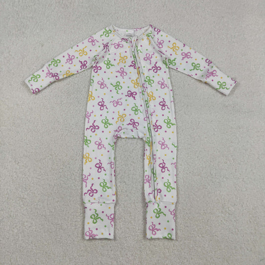 Baby Girls Infant Long Sleeves Dots Bows Mardi Gras Zipper Sleeper Romper
