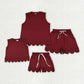 Sibling Baby Girls Adult Women Sleeveless Dark Red Shirts Pockets Shorts Scallop Sets Summer Clothes RTS