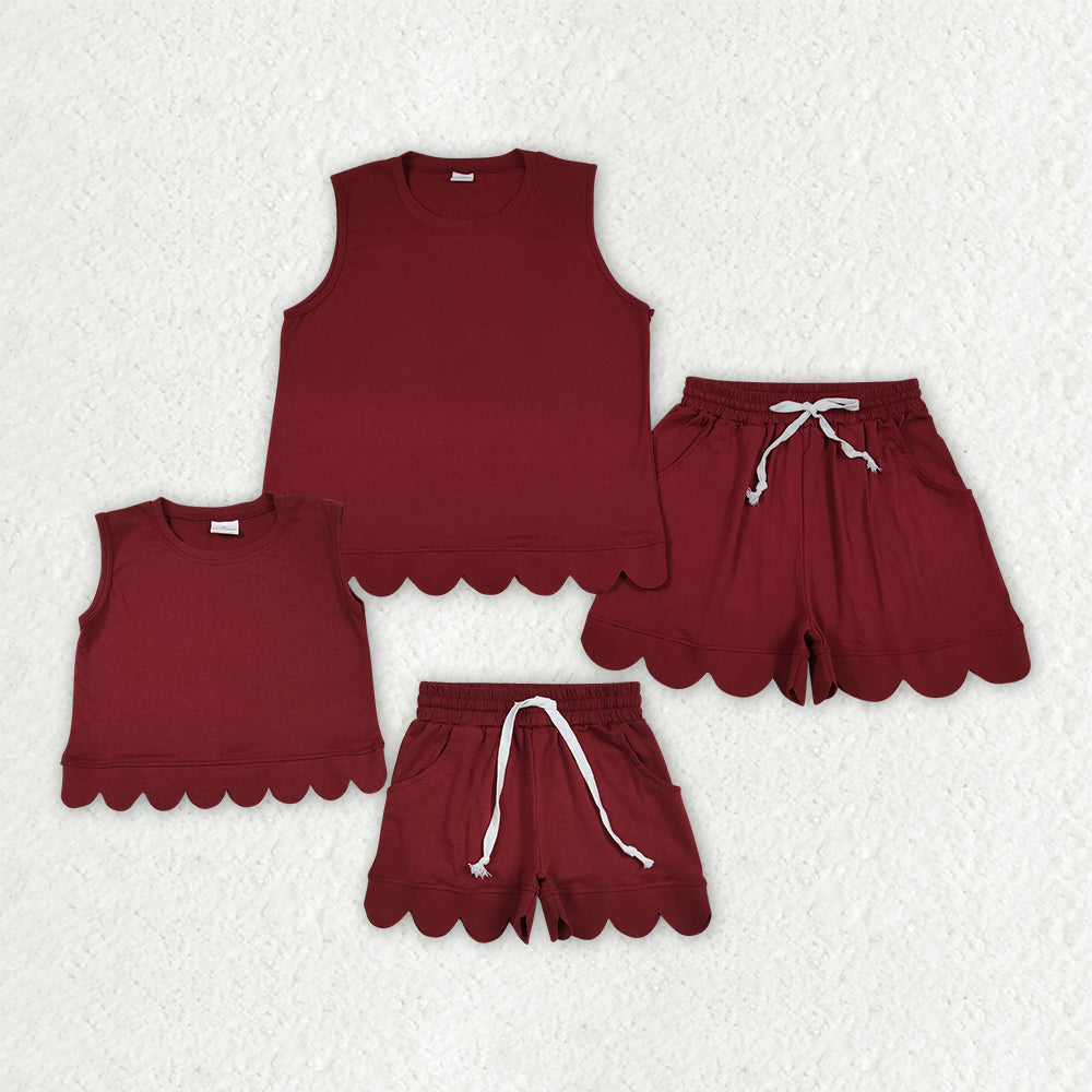 Sibling Baby Girls Adult Women Sleeveless Dark Red Shirts Pockets Shorts Scallop Sets Summer Clothes RTS