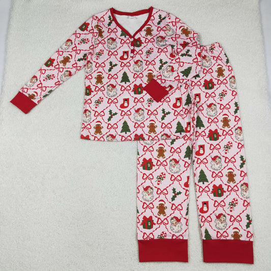 Adult Woman Gingerbread Bows Santa Shirt Pants Christmas Pajamas Clothes Set RTS