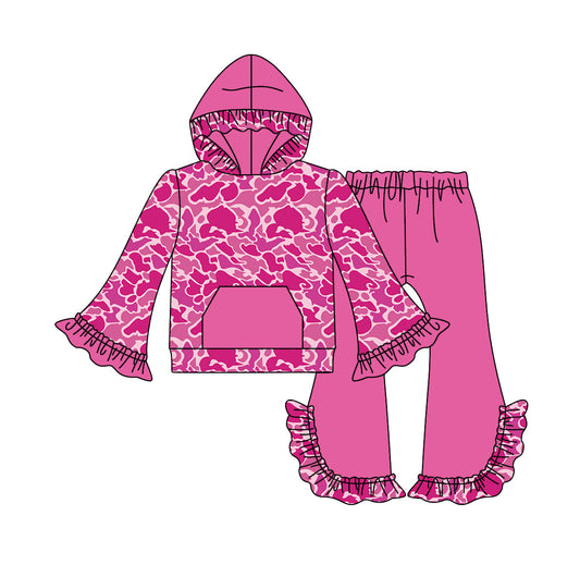 Moq 5 Baby Girl Pink Camo Pocket Hooded Top Ruffle Pants Set