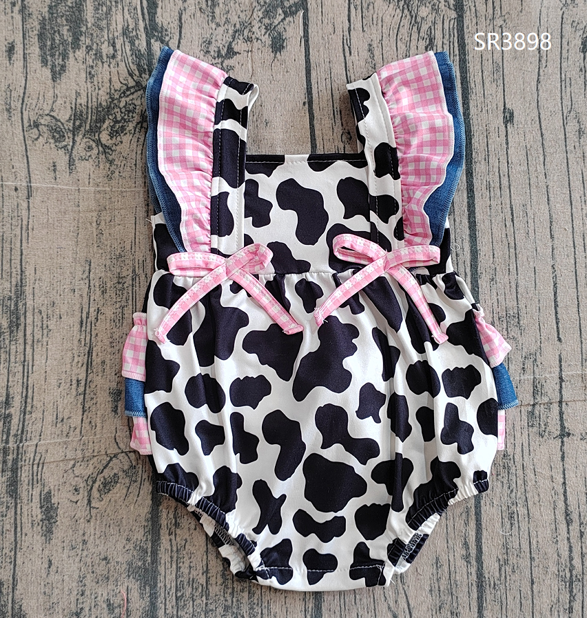 Baby Girls Kids Short Sleeves Bows Cow Print Western Bubble Romper RTS