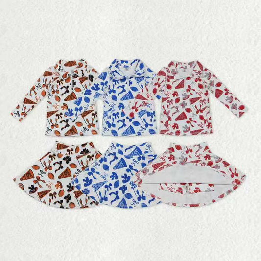 Sibling Girls Kids Bows Football Zipper Shirts Yoga Active Skorts Team Clothes Sets RTS