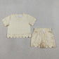 Baby Girls Kids Short Sleeves Plaid Shirt Scallop Shorts Yellow Clothes Set RTS