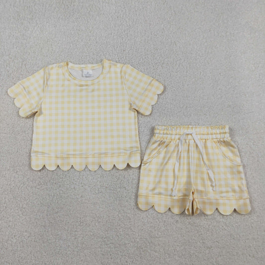Baby Girls Kids Short Sleeves Plaid Shirt Scallop Shorts Yellow Clothes Set RTS