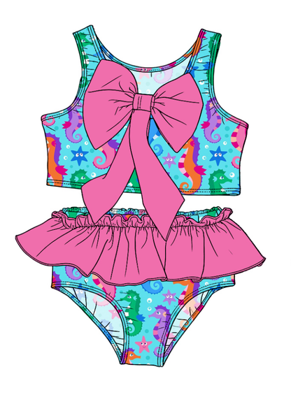 ( Moq 5 Each Style ) Sibling Baby Girls Kids Sea Horse Tops Ruffle Shorts Bows Sets Summer Swimsuits
