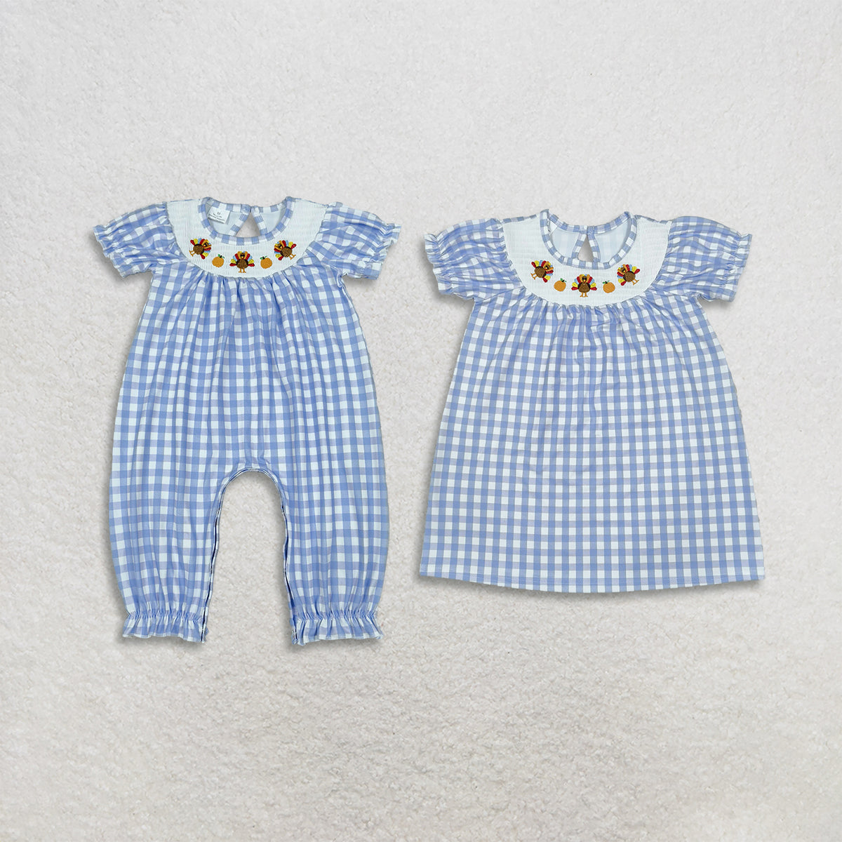 Sibling Baby Girls Kids Embroidery turkey Pumpkins Blue Plaid Thanksgiving Romper Dress Clothes RTS