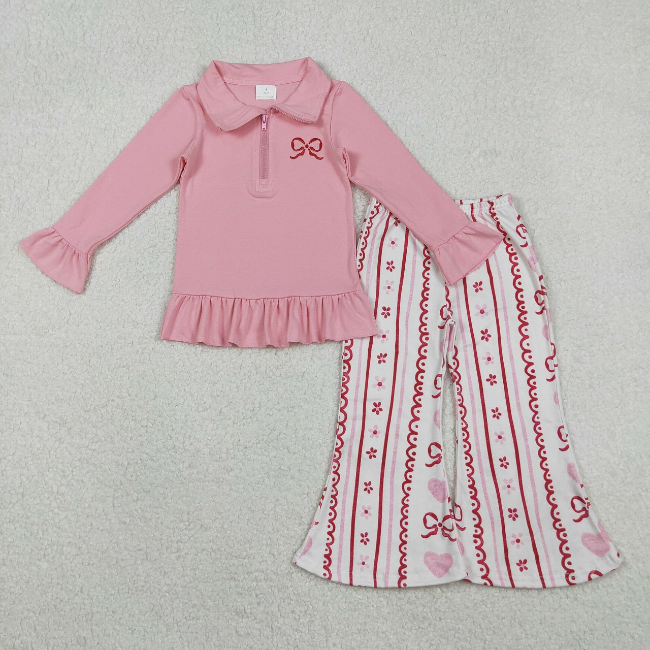 Sibling Baby Girls Kids Embroidery Zipper Shirt Hearts Bows Flower Pants Valentine Romper Sets RTS