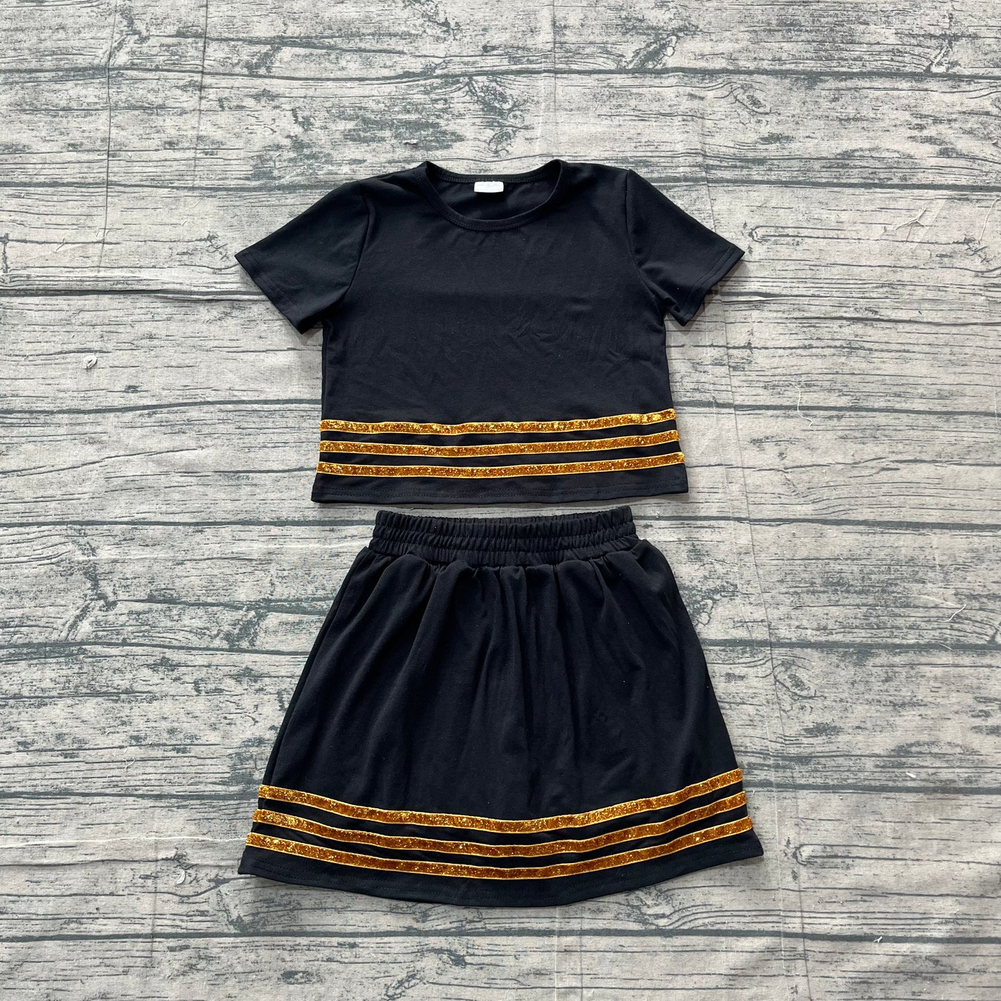 Baby Girls Kids Short Sleeves Stripes Shirt Skirt Shorts Set Black Cotton Clothes RTS