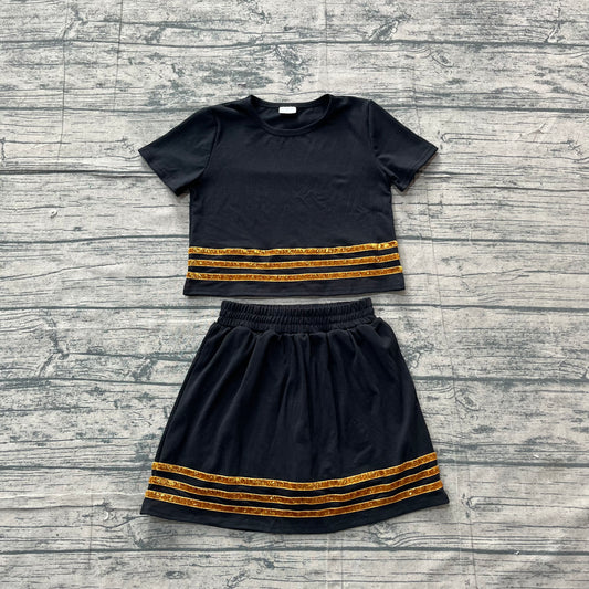 ( No moq ) Preorder Baby Girls Kids Short Sleeves Stripes Shirt Skirt Shorts Set Black Cotton Clothes