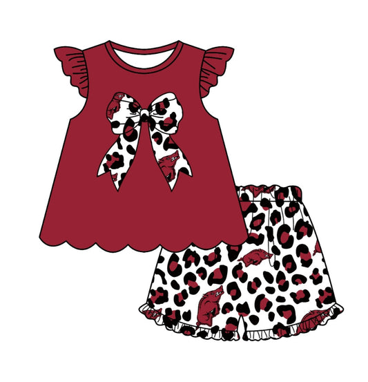 Baby Girl Pig Team Bow Red Tunic Leopard Shorts Clothes Set ( Moq 5 )