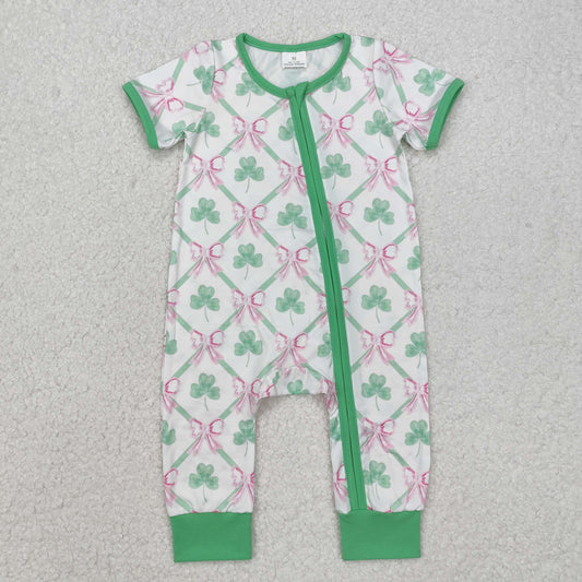 Baby Girl Infant Short Sleeves St Patrick Bows Zipper Romper