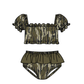 ( Moq 5 ) Preorder Baby Girls Kids Short Sleeves Camo Tops Brown Ruffle Shorts Set Swimsuit