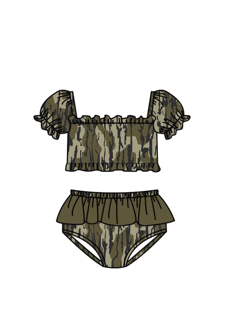 ( Moq 5 ) Preorder Baby Girls Kids Short Sleeves Camo Tops Brown Ruffle Shorts Set Swimsuit