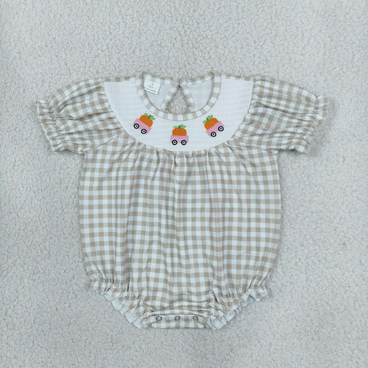 Baby Girls Infant Embroidery Pumpkins Trucks Plaid Pockets Fall Bubble Romper RTS