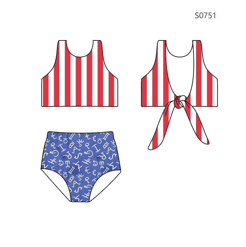 ( Moq 5 ) Preorder Baby Girls Kids Sleeveless Stripes Tops Shorts 4th of July Set Swimsuit