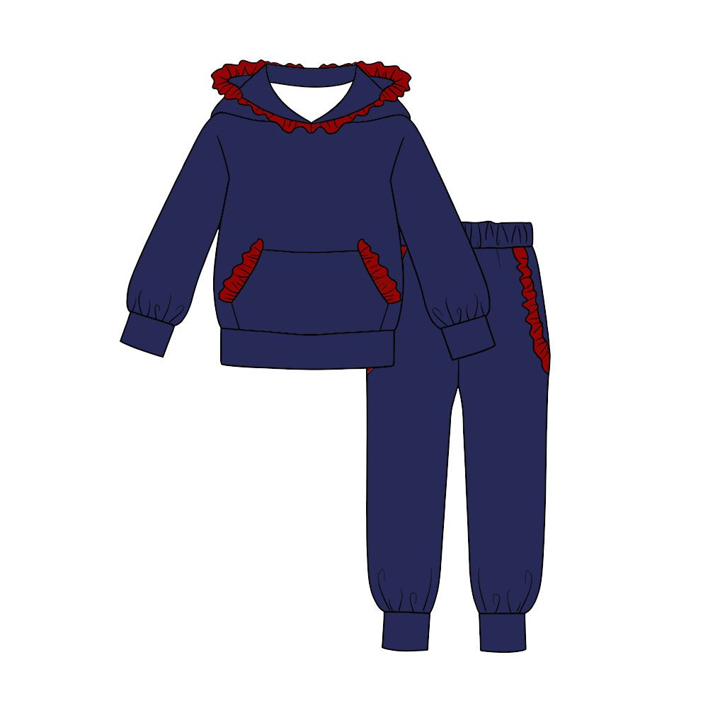( Moq 5 ) Preorder Baby Girls Kids Red Ruffle Hoodie Pullover Pockets Pants Navy Set Cotton Clothes