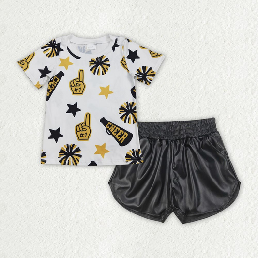 Baby Girl Short Sleeveless Golden Cheer Shirt Pockets Black Leather Shorts Set RTS