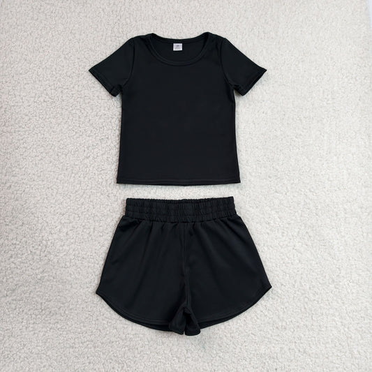 Baby Girls Kids Short Sleeves Black Shirt Skirt Shorts Yoga Active Set Clothes RTS